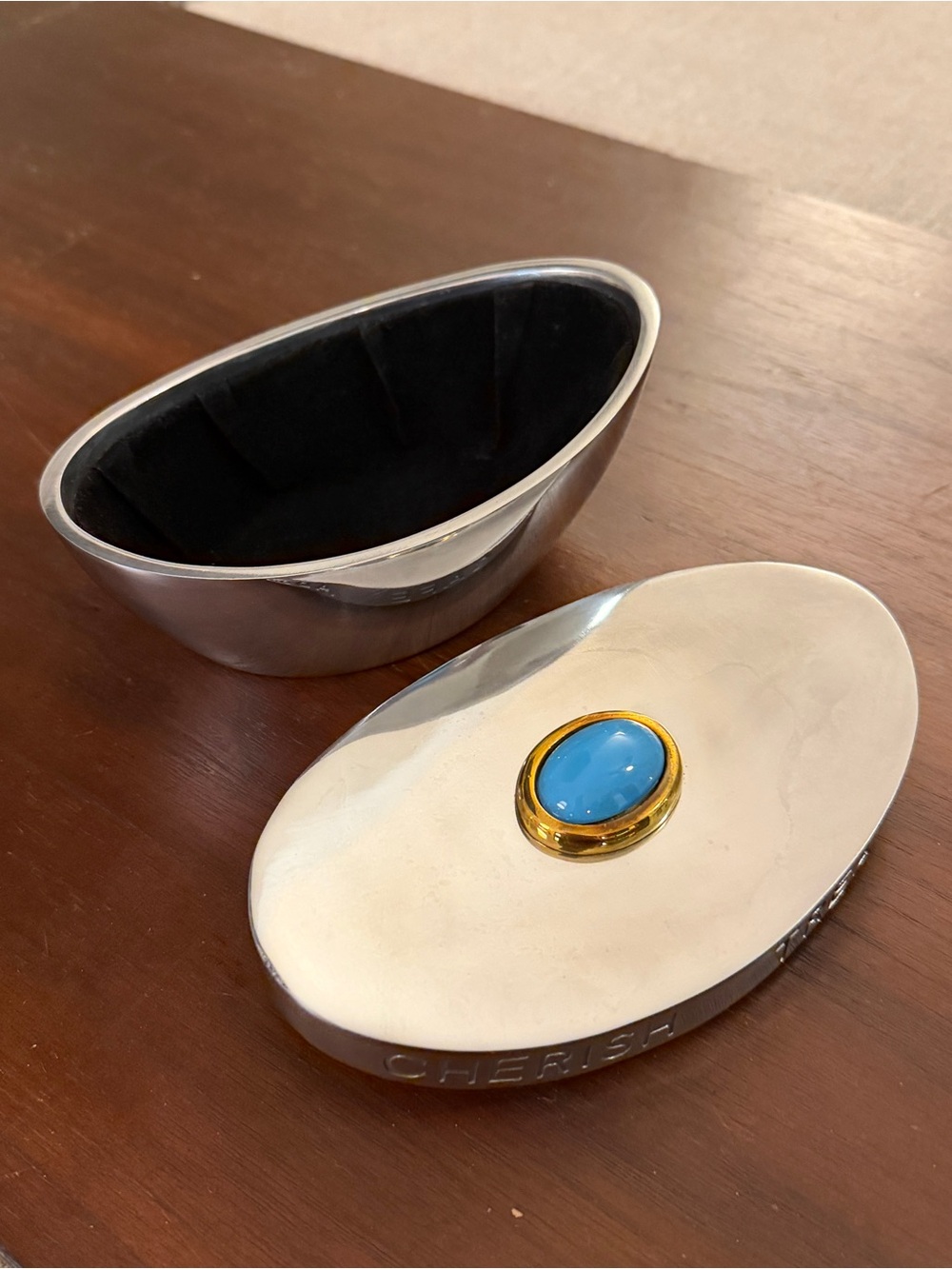 RLM Home Silver-Tone Trinket Box with Blue Stone Accent and Inscribed Rim